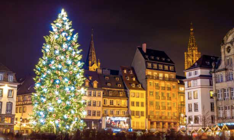 Large Christmas tree lit up at night in a European town.