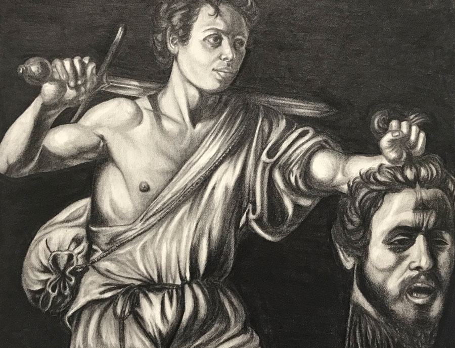 Black and white illustration of a man with a sword holding a decapitated head.