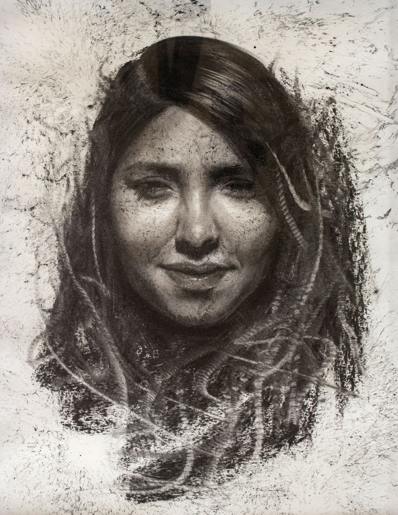 Black and white drawing of a pretty female face.