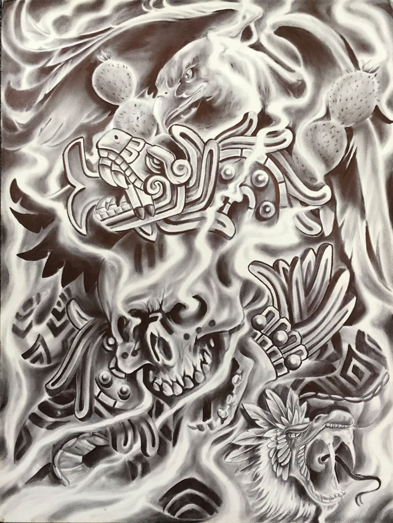 Black and white abstract illustration with a skull, eagle, cactus and other elements intertwined with smoke.