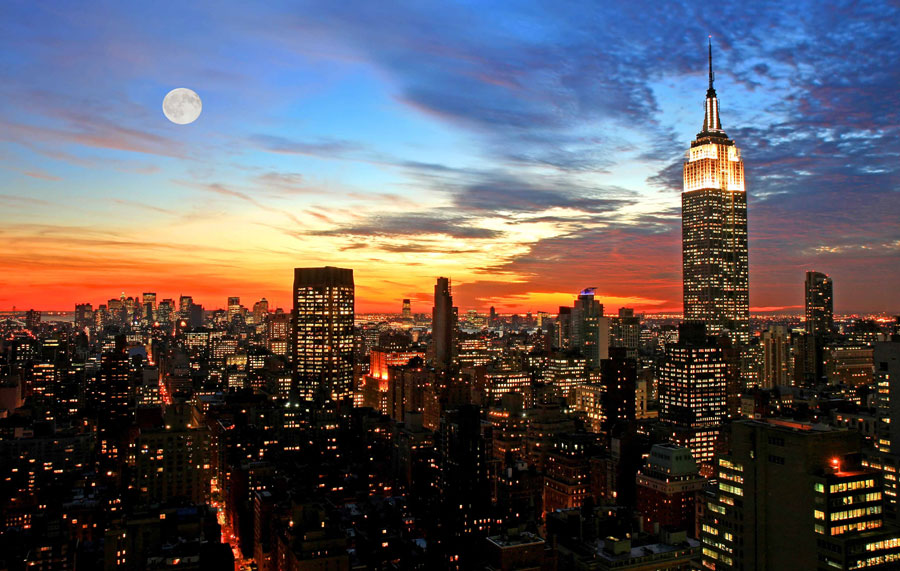 New York City skyline at night time.